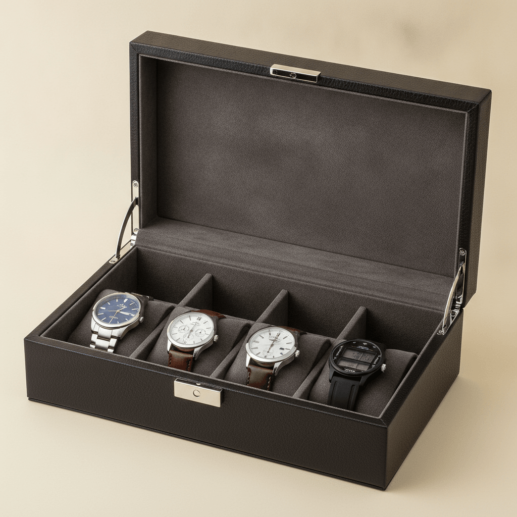 Multi slot watch display box with individual pillows and unbranded watches