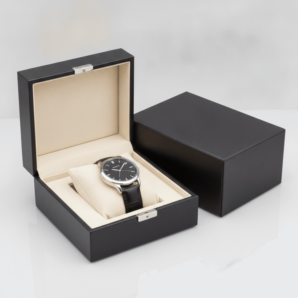 Premium watch brand gift box with unbranded wristwatch and velvet lining