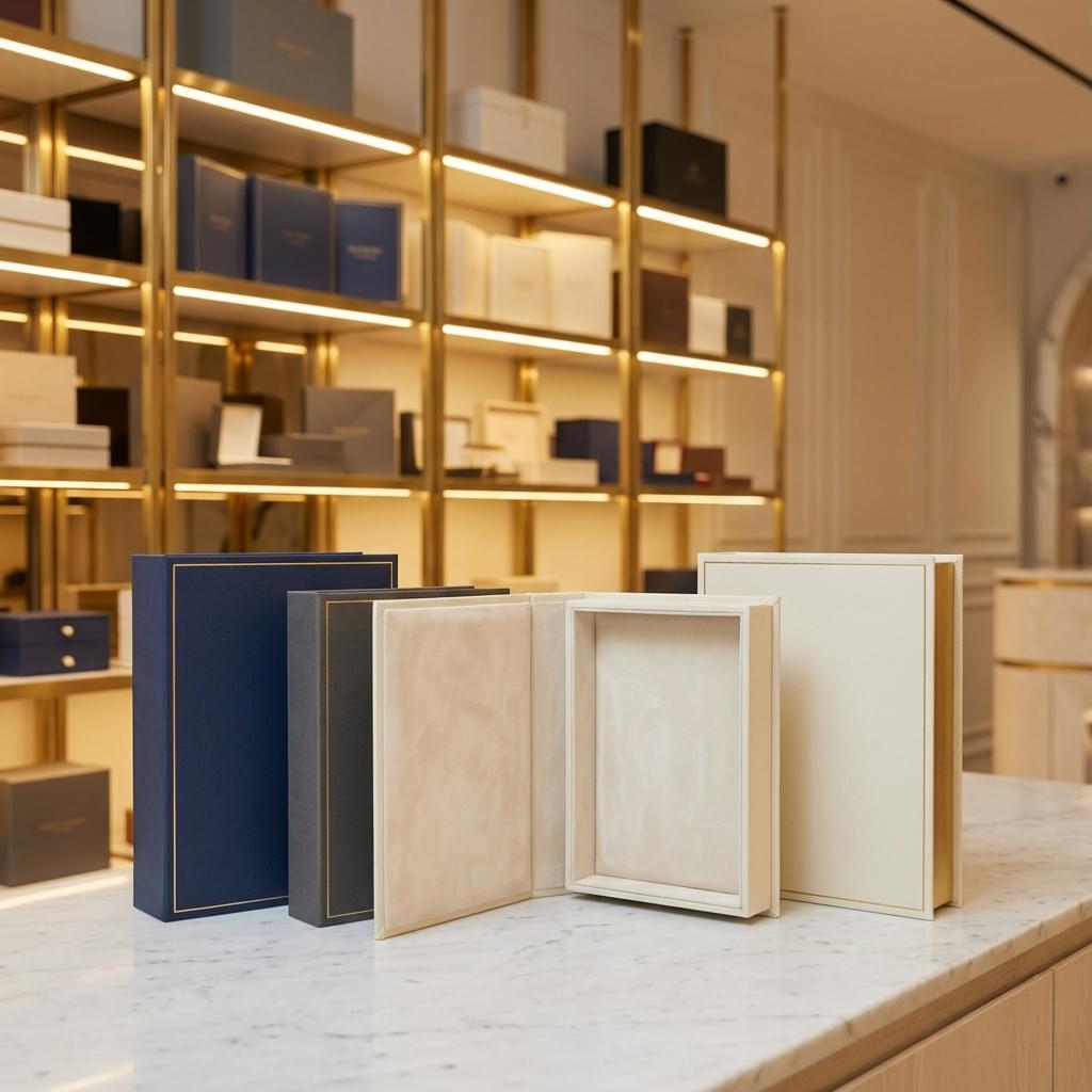 Book-style handmade rigid boxes with hinged opening in a premium showroom setting.