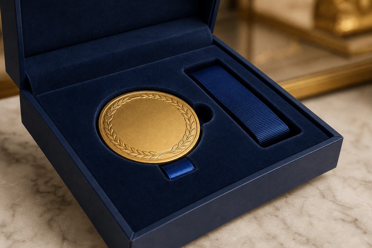 Custom medal box with a velvet-covered fitted insert, finger notch and ribbon compartment