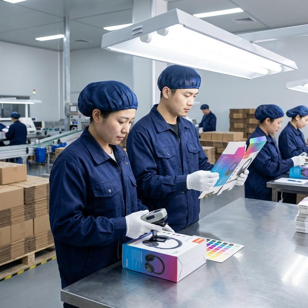 Quality control inspection by Chinese factory workers to ensure consistent color and alignment on electronics packaging boxes.