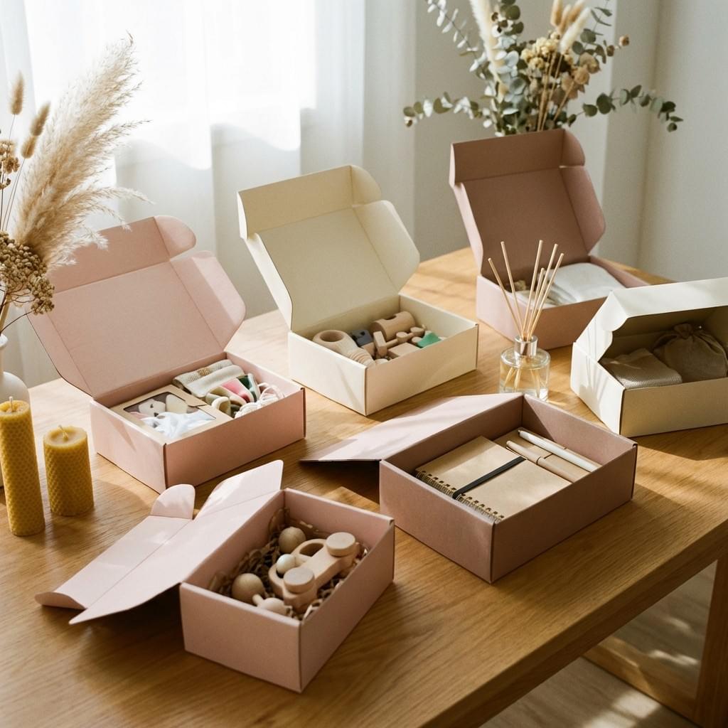 Lightweight folding cartons for small toys, craft kits, and novelty gifts, shown in pastel colors for retail and gifting use.