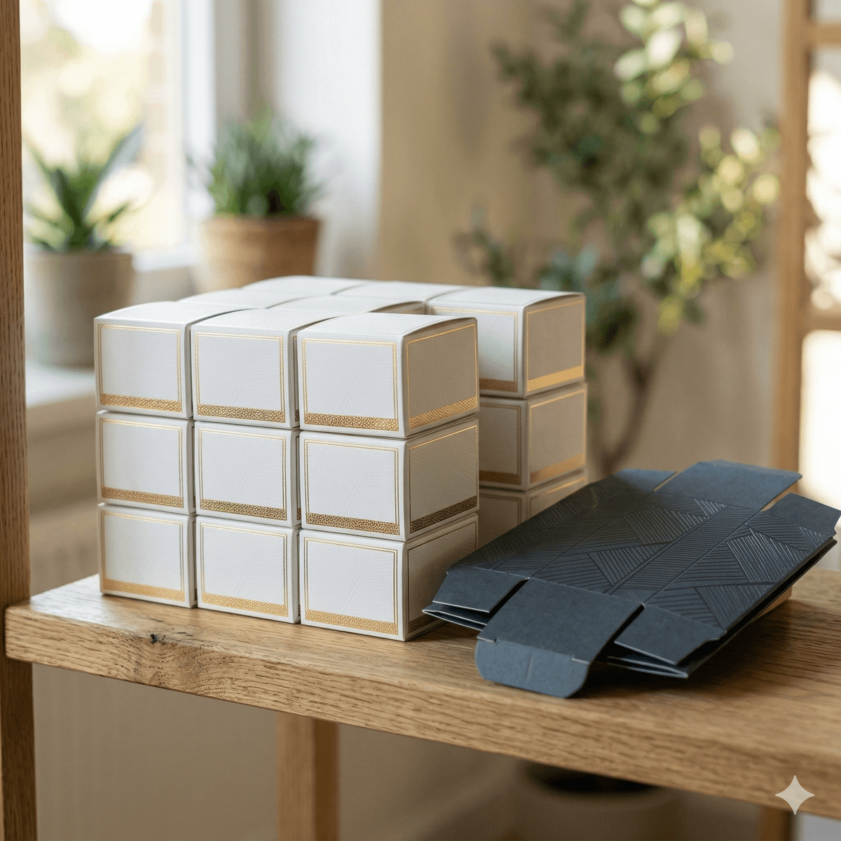 A clean, text-free display on a light oak wooden shelf featuring multiple neatly stacked matte white paper skincare boxes and one partially unfolded dark grey folding box, all devoid of product or brand names. The stacked white boxes have gold foil borders displaying a micro-fine, organized nano-hexagonal structure texture, and the matte white surface shows a subtle, almost invisible nano-etching of a micro-fine banana leaf pattern. Next to them, the textless, dark folding box exhibits structural creases and a complex geometric surface pattern resembling an organized network of micro-fiber optic cables forming an abstract banana leaf structure, which subtly catches the light. Focused on precision construction and material textures.