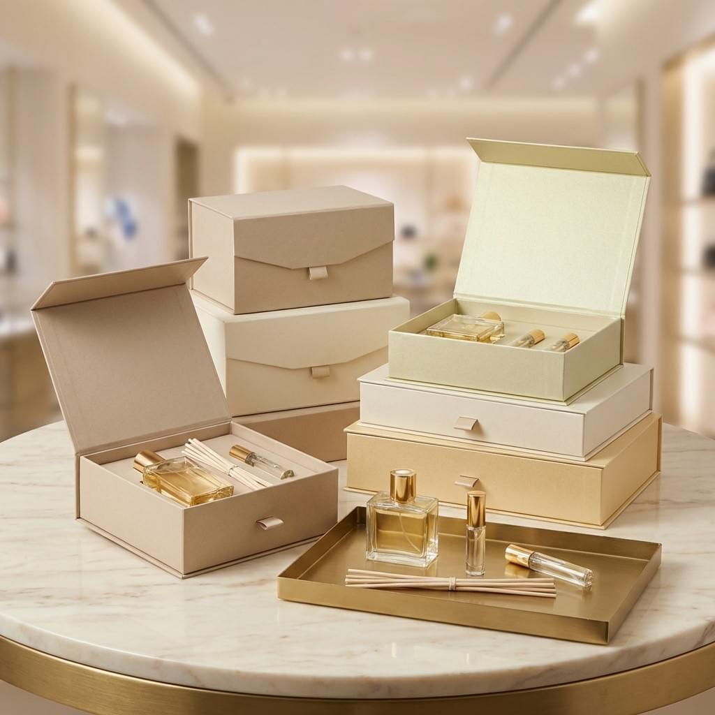 Luxury fragrance packaging display featuring premium rigid boxes for perfumes and diffusers, styled on a marble table with soft lighting for an elevated brand presentation.