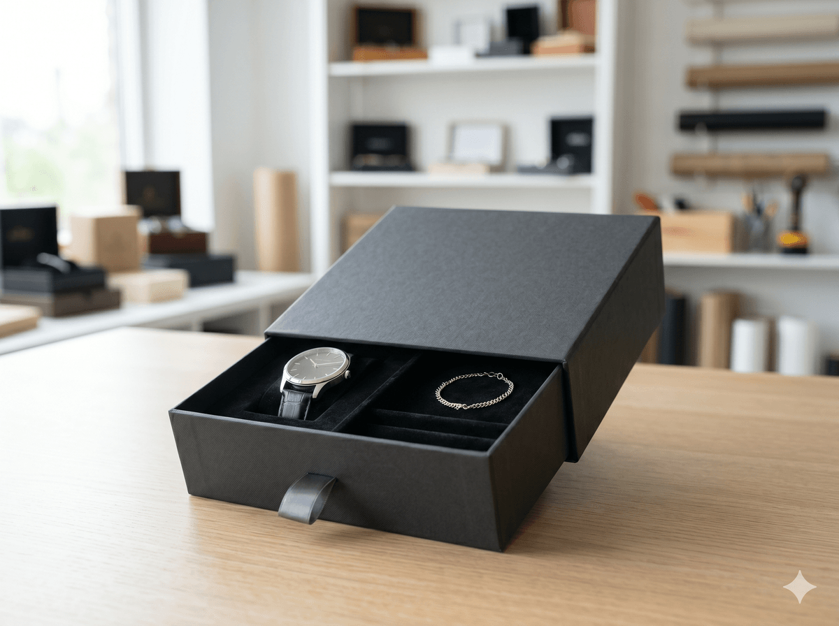 Drawer box with custom insert for jewelry and gift set packaging