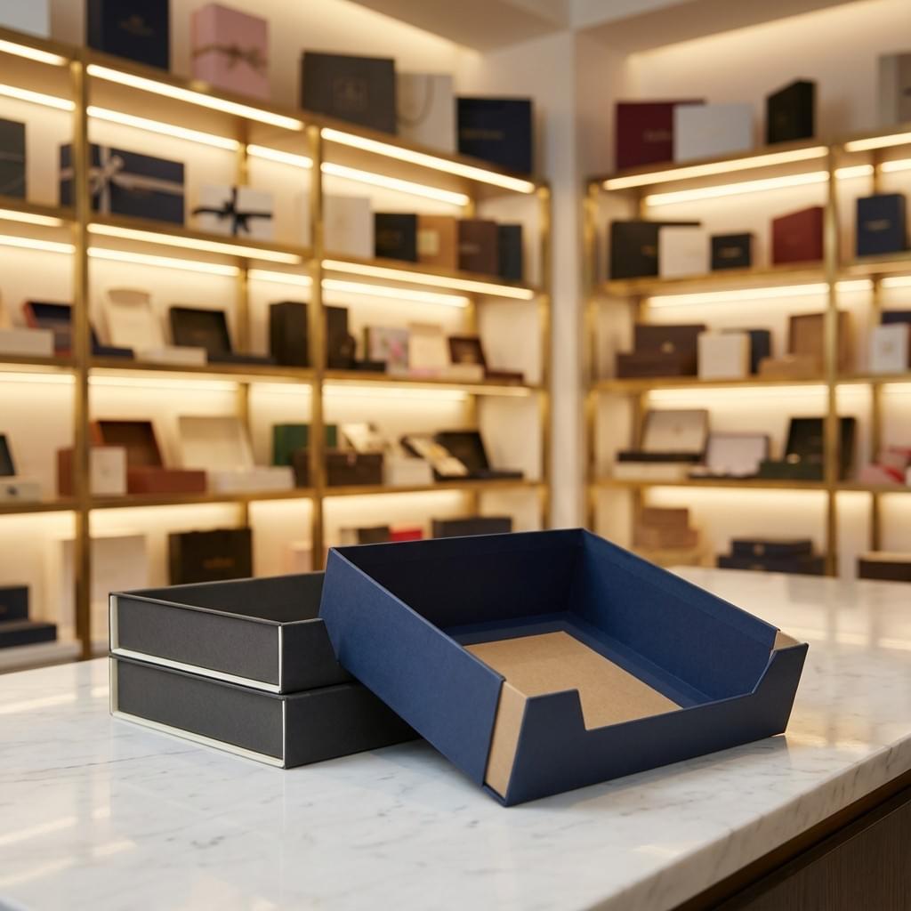 shelf-ready display trays on marble counter with warm showroom shelves in soft focus