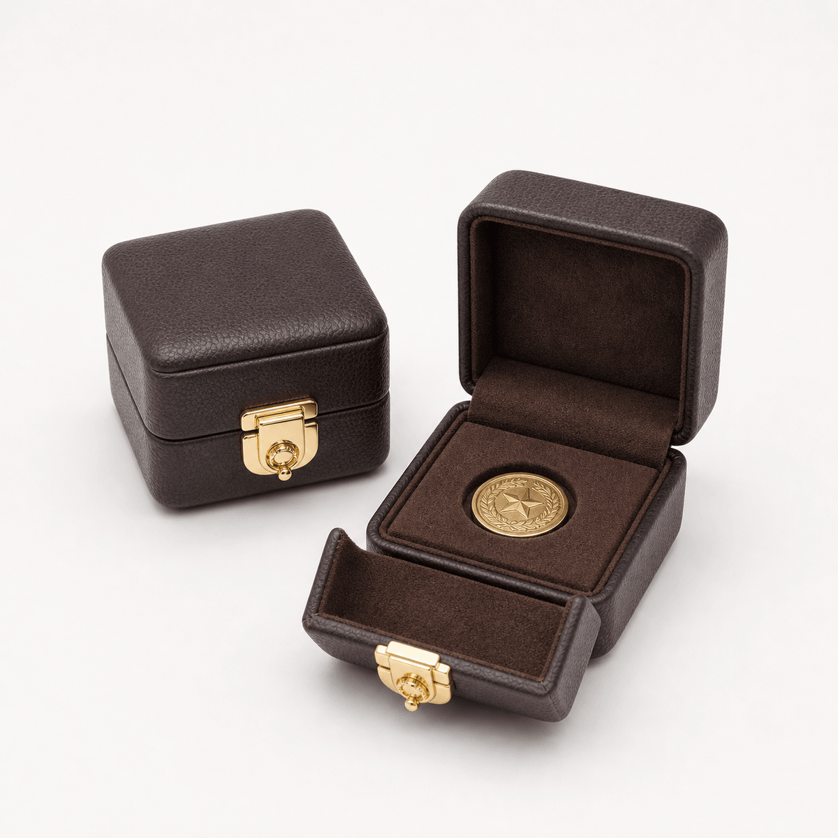 Double opening medal and badge box with velvet insert and metal clasp