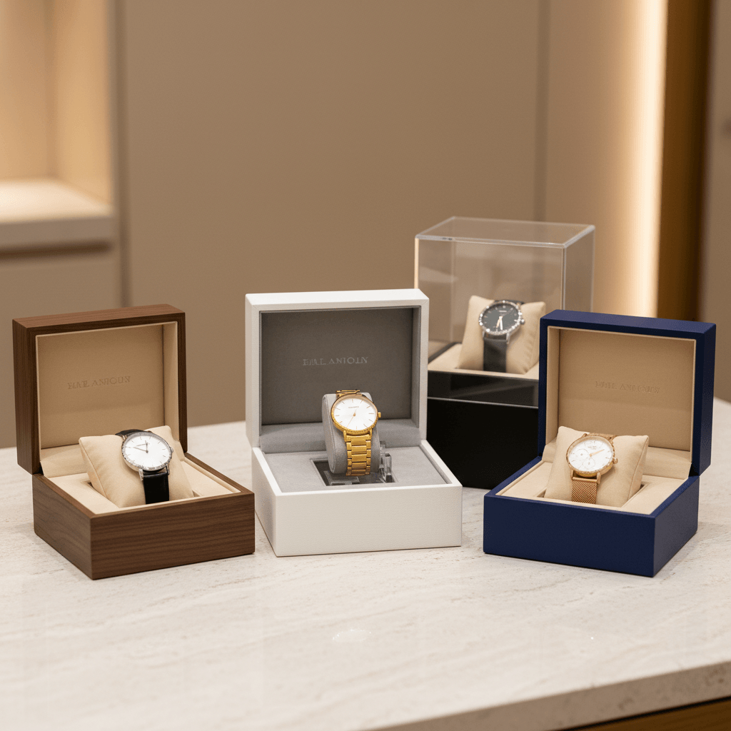 Retail display watch boxes with clear presentation for boutique counter