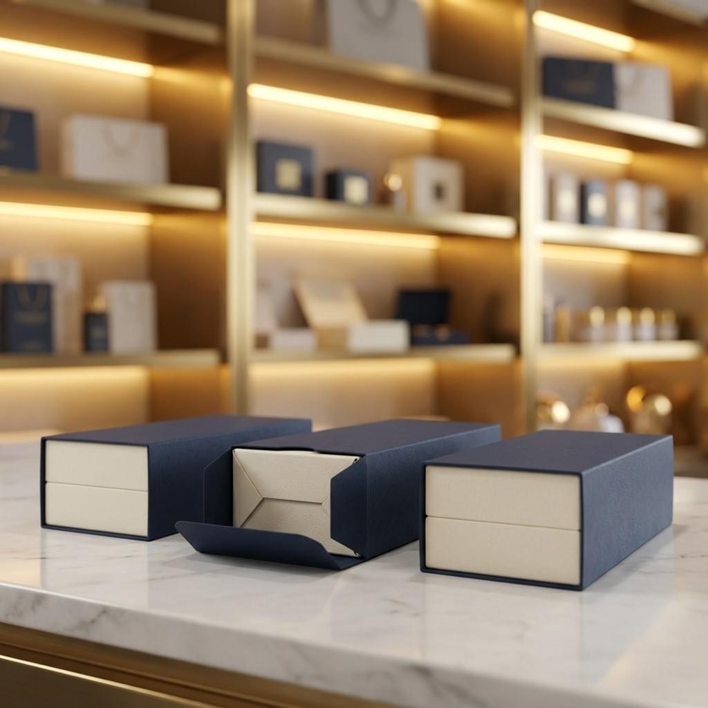 Tuck-end packaging sleeves with locking flaps, shown on rigid boxes with one sleeve end revealing the tuck structure.