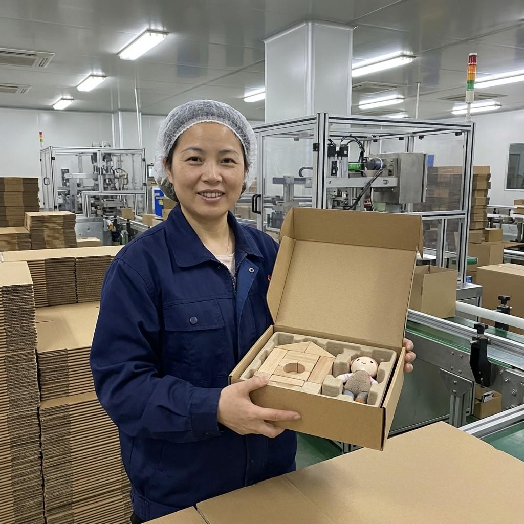 Worker displaying an eco-friendly molded pulp insert used for toys and gift packaging inside a Chinese factory.