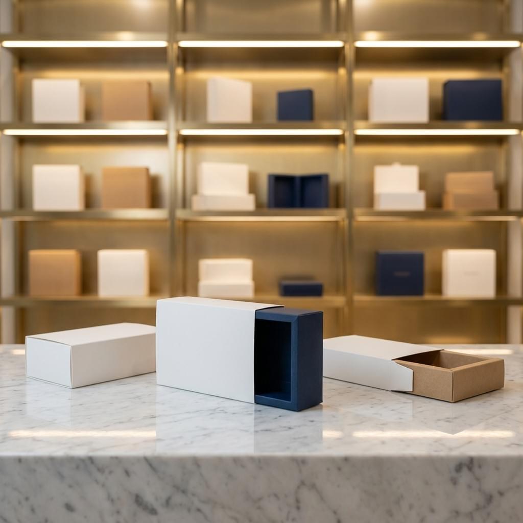 Folding carton sleeve with inner tray on marble counter, sleeve partially slid off, warm showroom background.