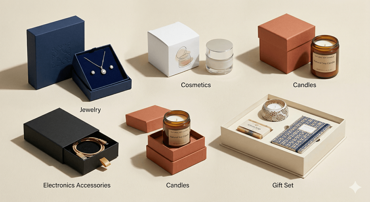 custom packaging box styles for cosmetics jewelry candles electronics accessories and gift sets