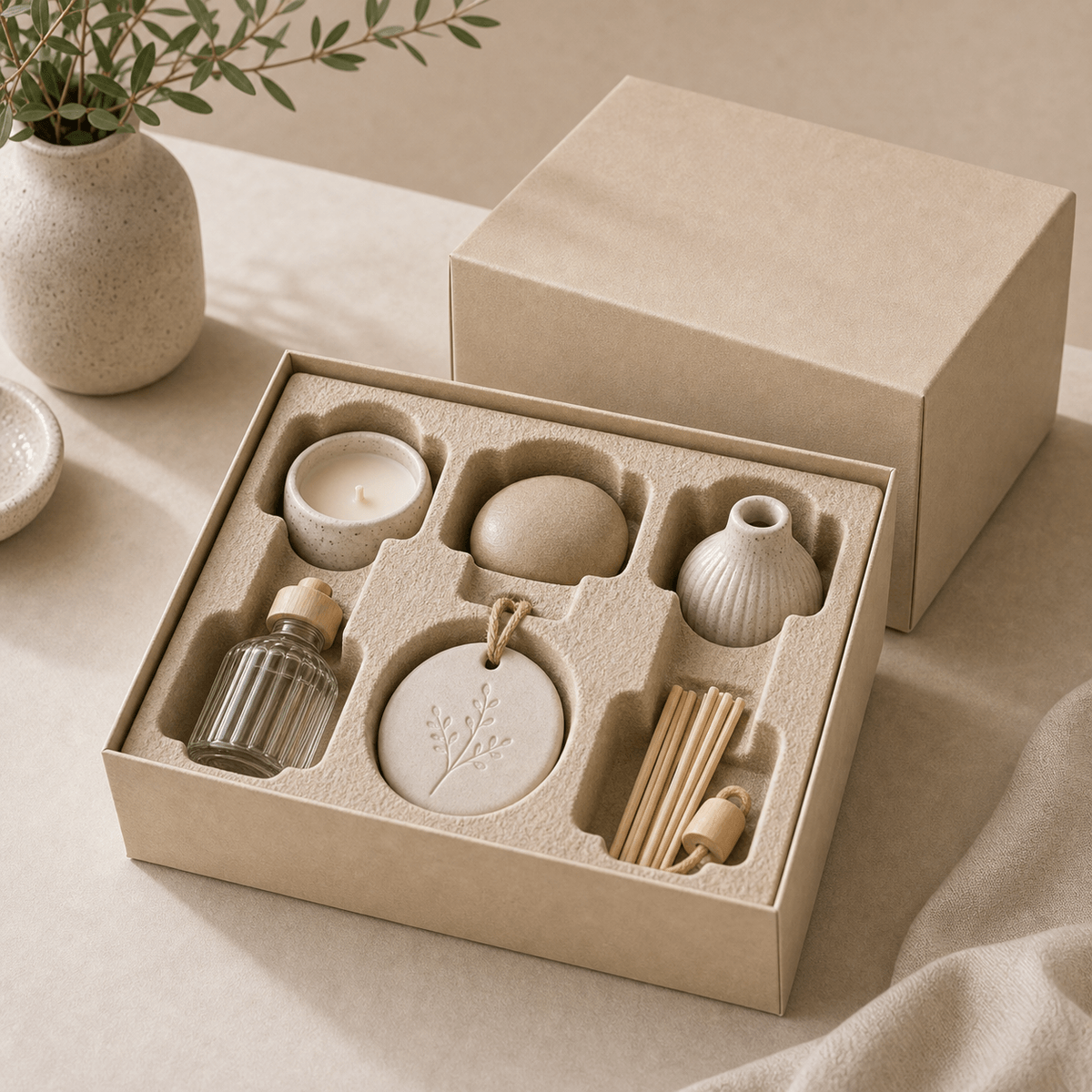 Molded pulp insert tray for ceramic candles diffusers and sustainable home decor packaging