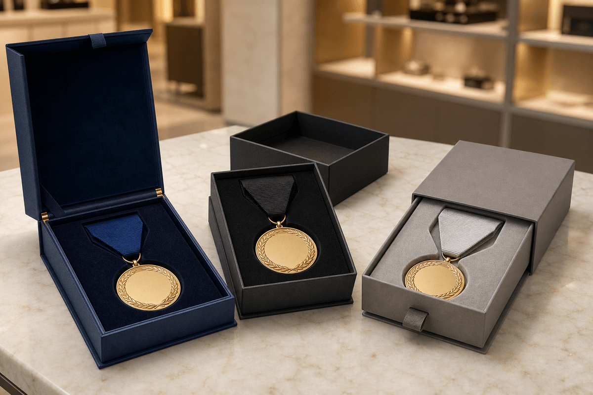 Hinged, lid and base, and drawer-style custom medal presentation boxes