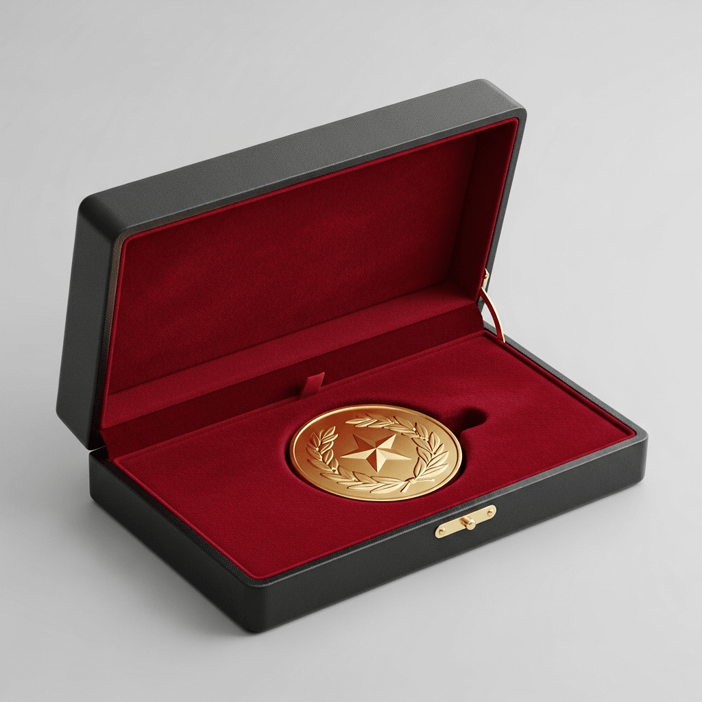 Hinged medal box for formal award presentation