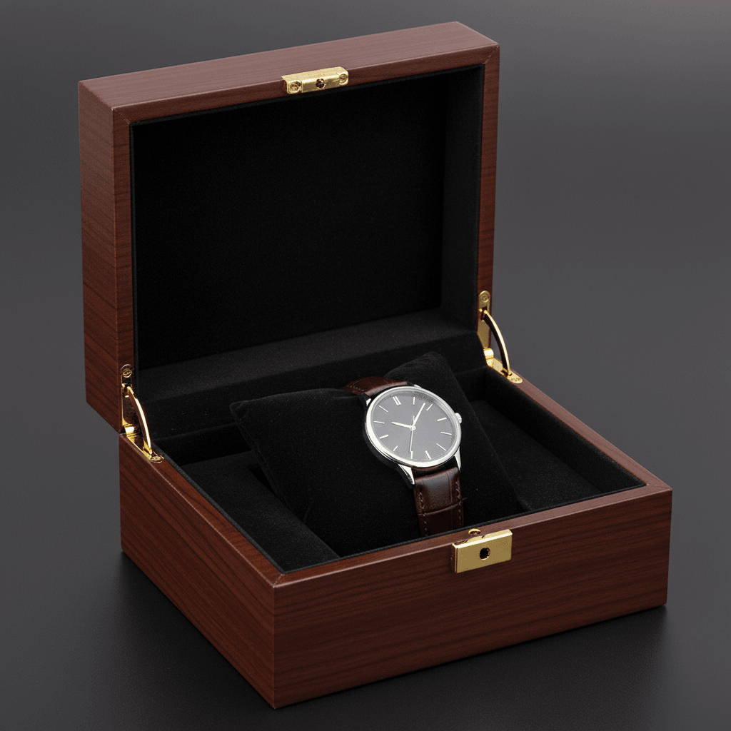 Lockable luxury watch gift box with metal clasp and unbranded wristwatch
