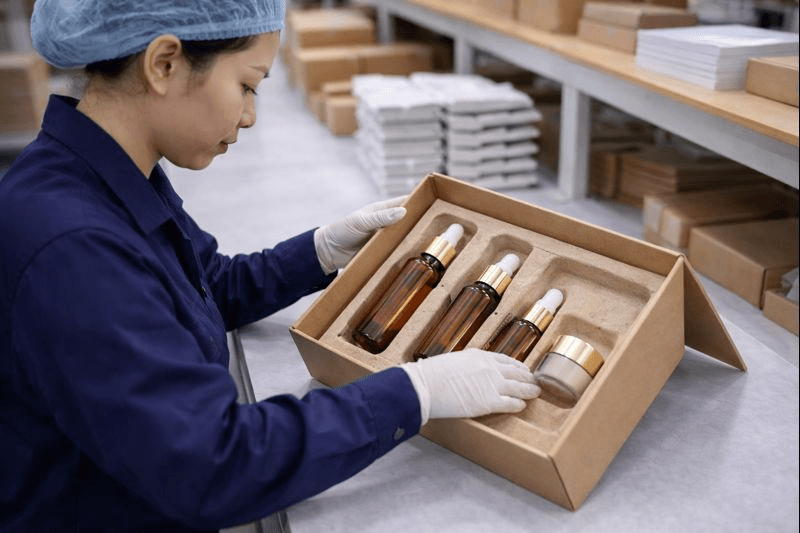 Eco-friendly molded pulp inserts for skincare glass bottles and cosmetic sets