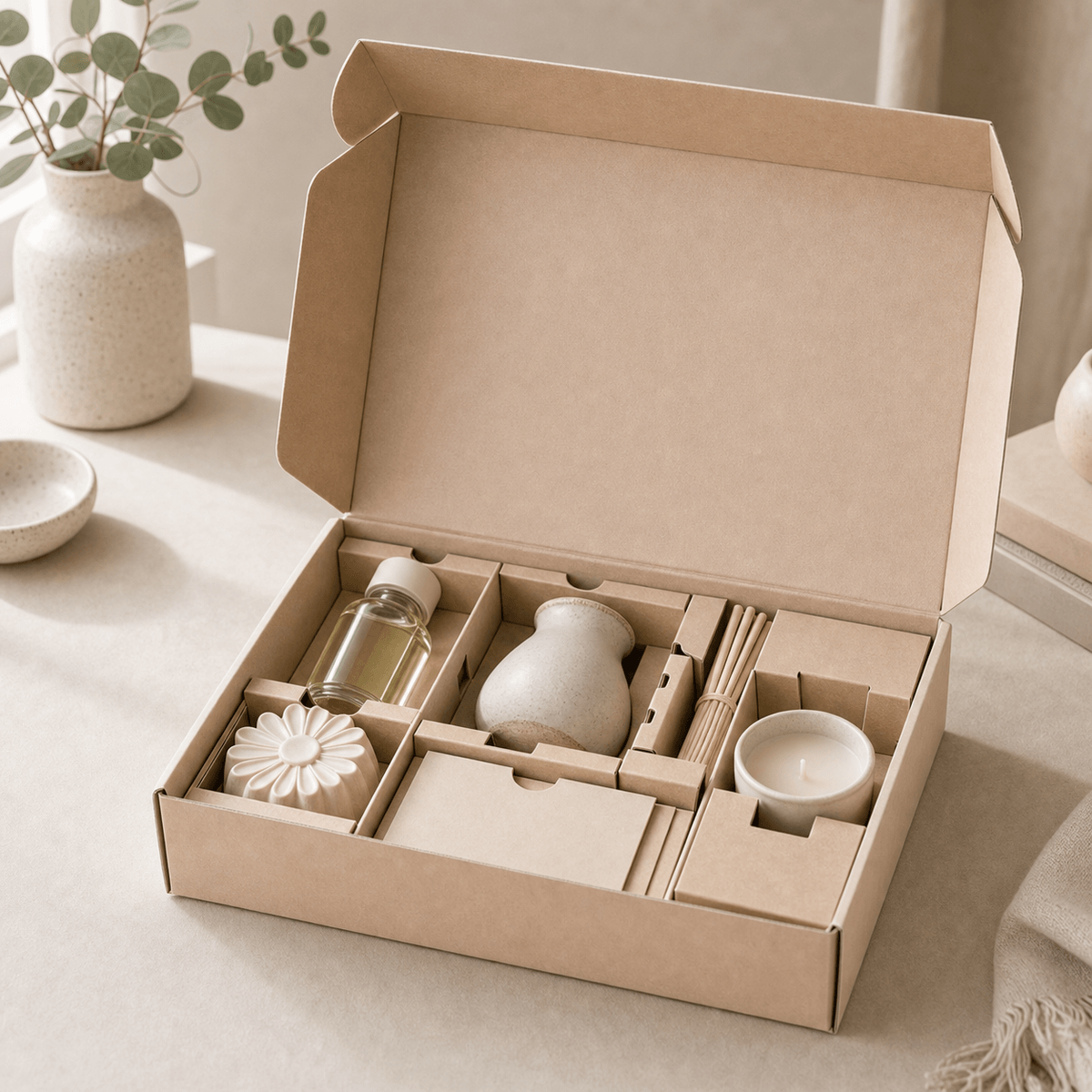 Paperboard insert layout for diffuser reeds refills candle accessories and lifestyle gift packaging