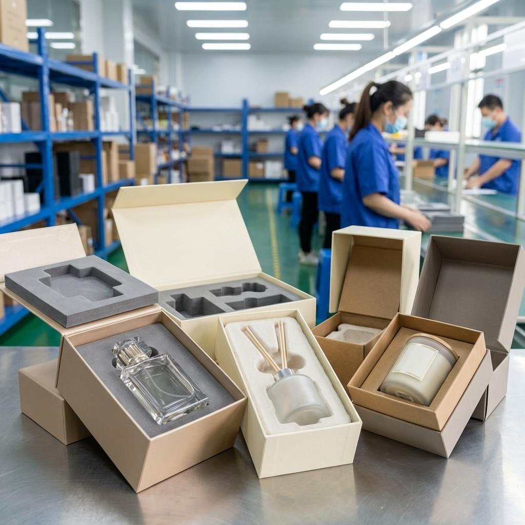 Custom protective inserts for fragrance products, showing EVA, foam, and molded pulp cavities that secure perfume and diffuser glass bottles during shipping.