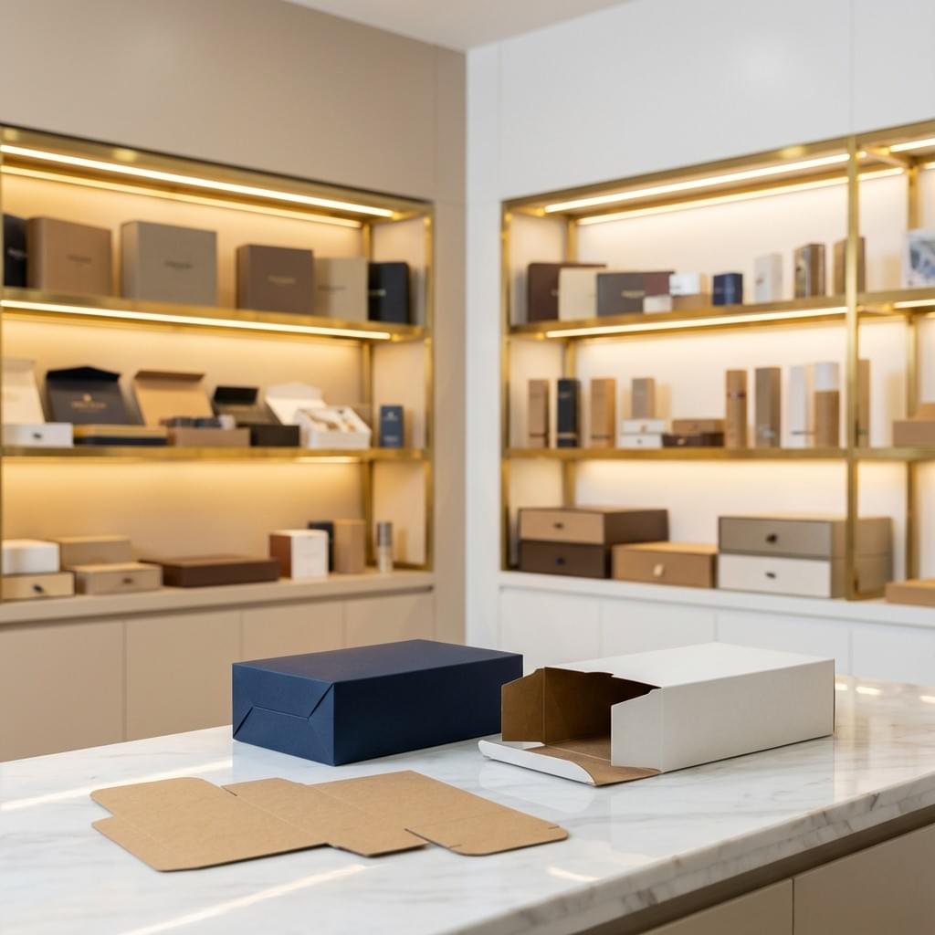 Straight tuck end folding carton on a marble counter in a premium showroom, crisp edges and soft background blur.