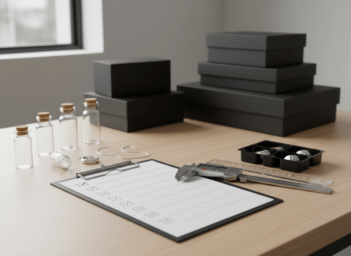 Custom insert quote checklist with product samples, measuring tools, and packaging details