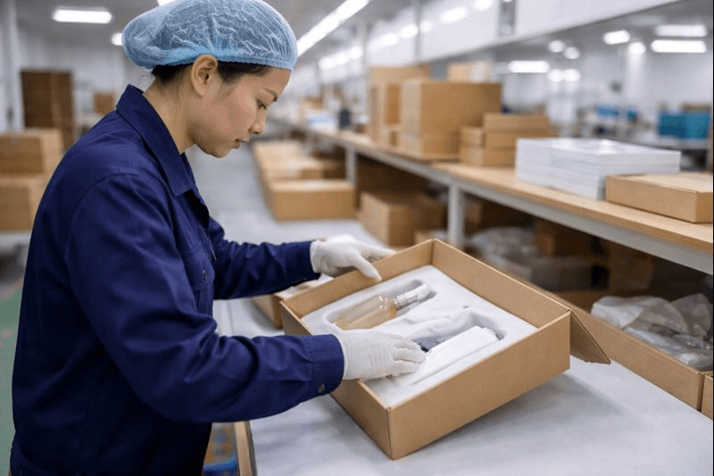 Factory worker assembling foam inserts for skincare bottles and cosmetics packaging