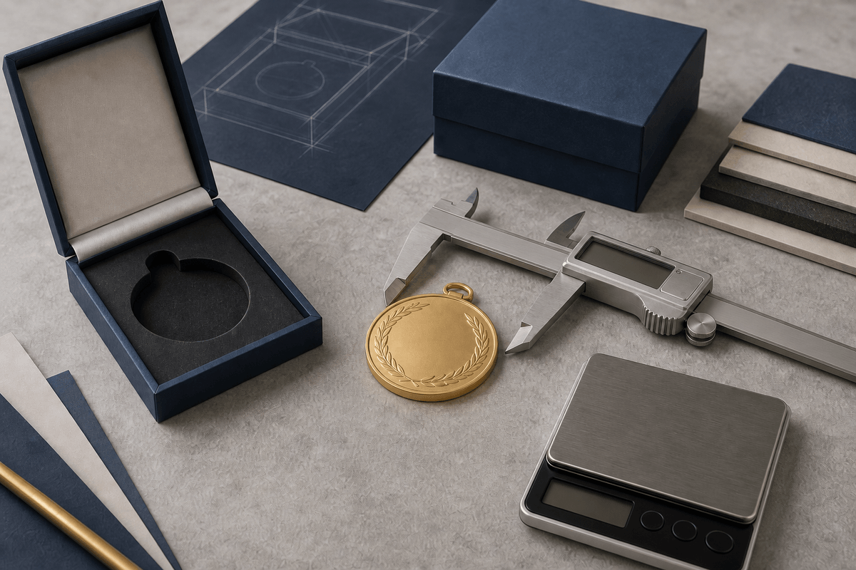 Measuring a gold medal with a caliper beside a custom box insert prototype
