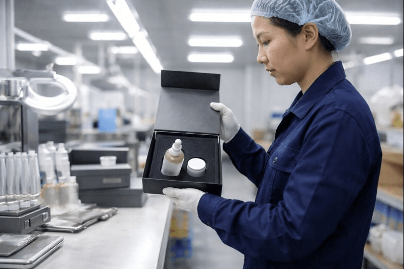 Worker inspecting EVA insert fitment for cosmetics and skincare packaging in factory