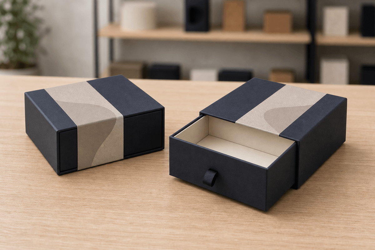 Drawer box structure with sliding tray for premium packaging