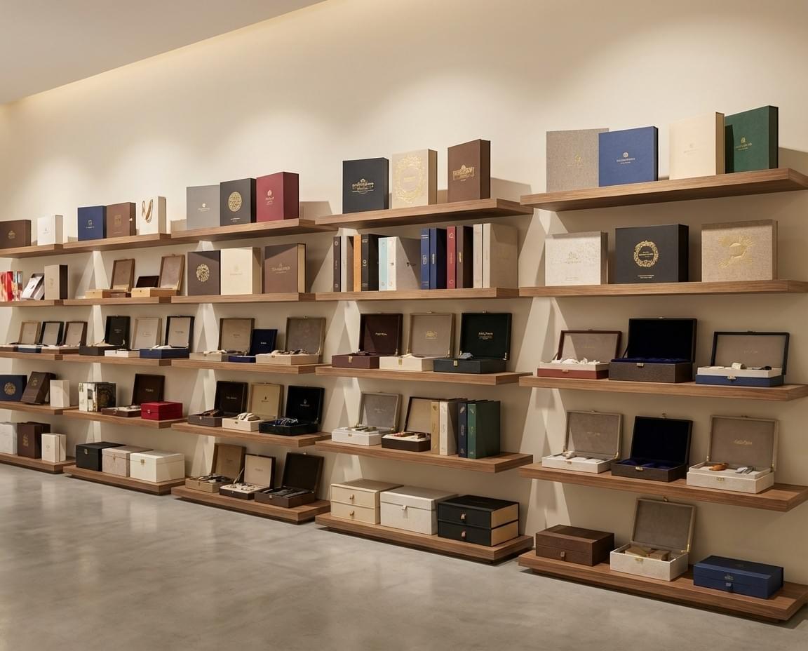 high-end display wall showcasing custom rigid boxes and premium packaging designs by QX Packs high-end display wall showcasing custom rigid boxes and premium packaging designs by QX Packs