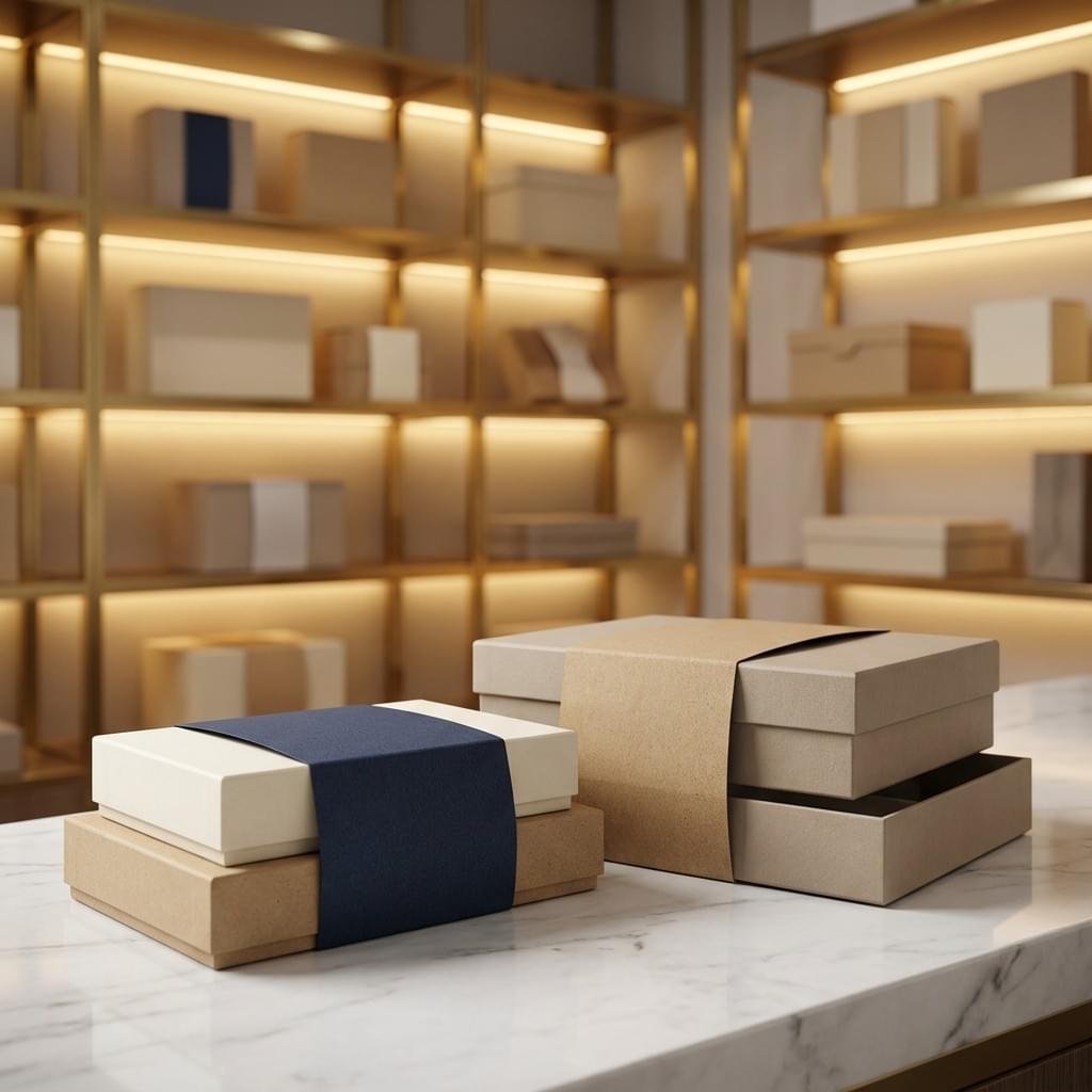 Multi-pack packaging sleeves designed to hold two boxes together as a bundled set on a marble counter.