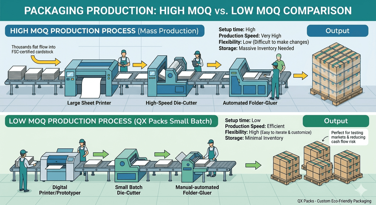 custom packaging MOQ comparison for small batch vs bulk production
