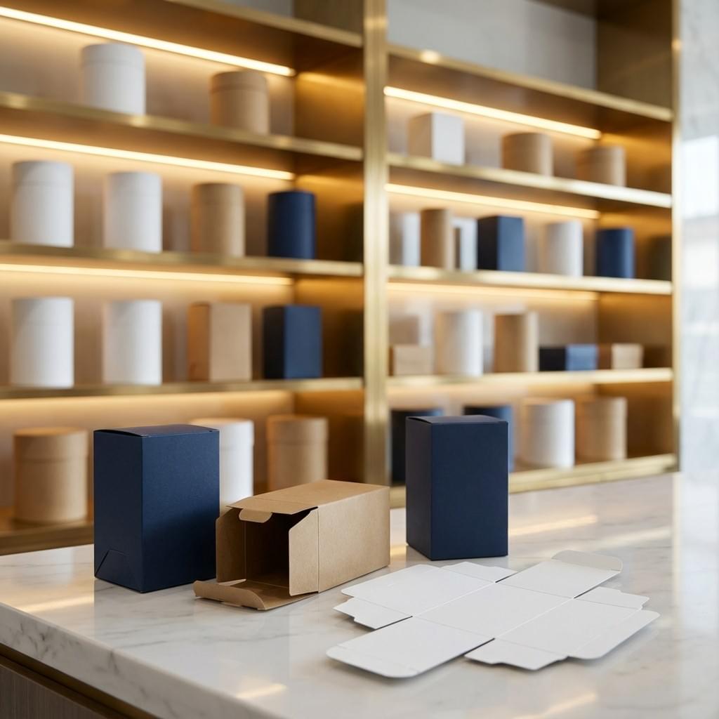 Auto-lock bottom folding carton on marble counter, one open showing reinforced bottom structure, premium showroom.