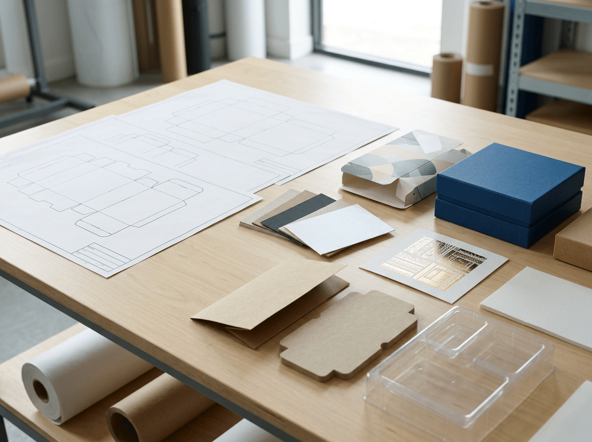 Packaging MOQ factors including box structure, materials, inserts, inner cards, blister trays, and finishing samples