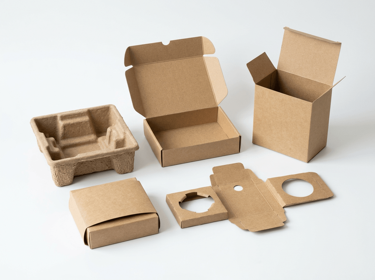 Eco-friendly custom packaging structures including folding boxes, packaging sleeves, and paper inserts