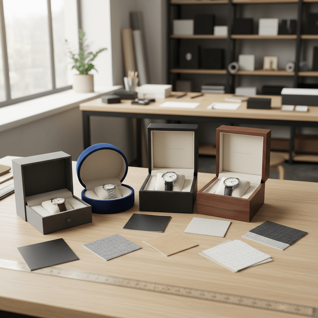 Custom watch box material options including PU leather velvet wood and paperboard