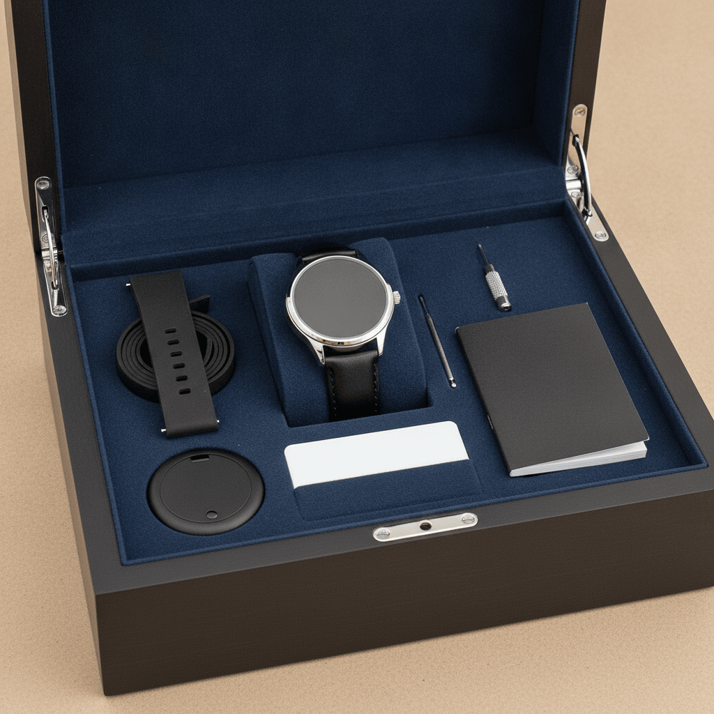 Watch box accessory compartments for strap charger manual warranty card and tool