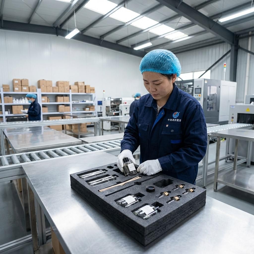 Chinese worker assembling EVA insert for perfume and diffuser packaging on production line