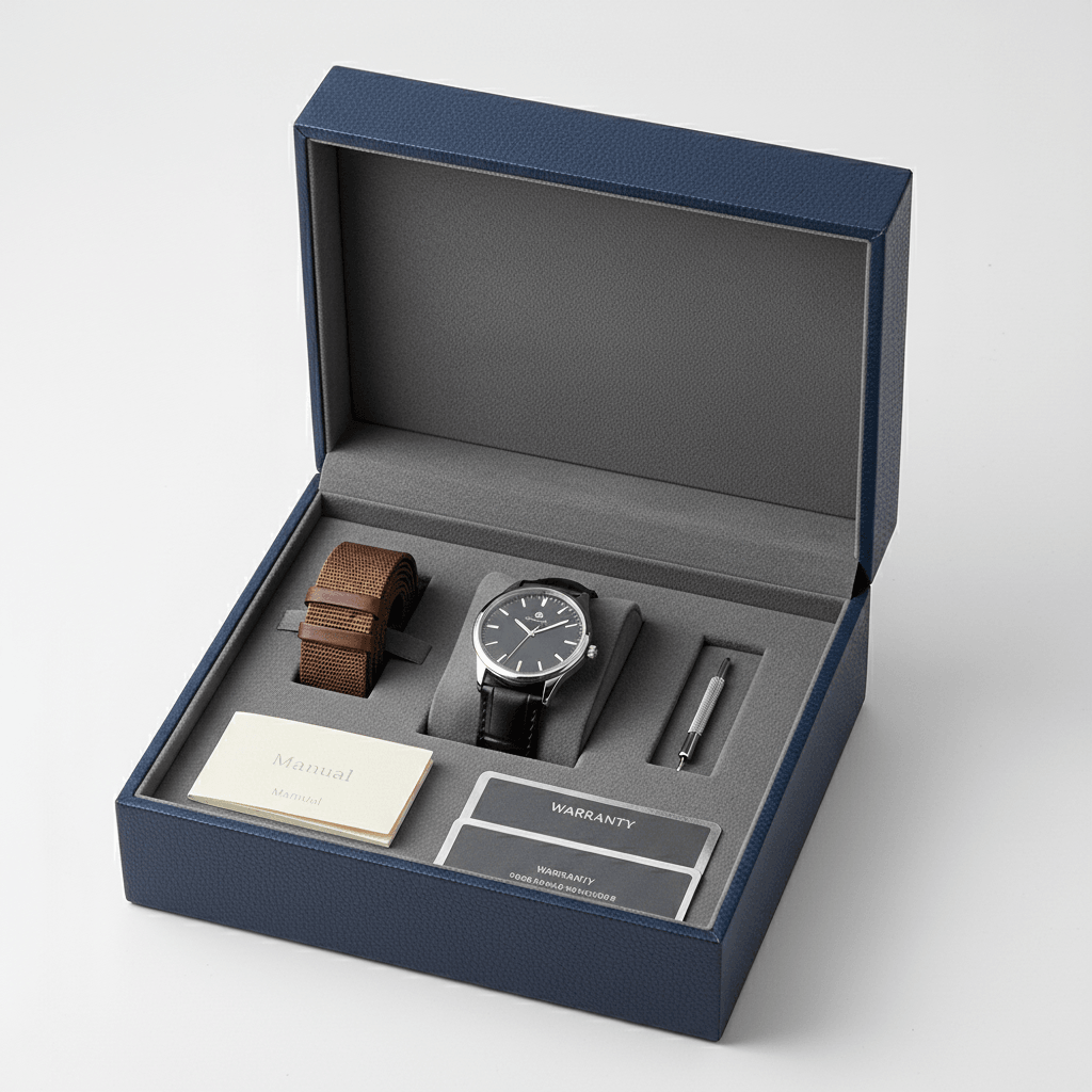 Business gift watch set box with watch strap manual card and custom compartments