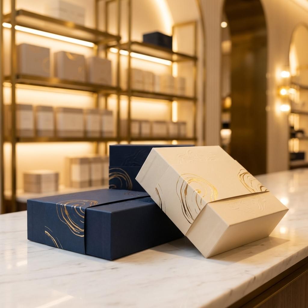 Luxury packaging sleeves with foil accents and embossed texture, wrapped around premium rigid boxes.