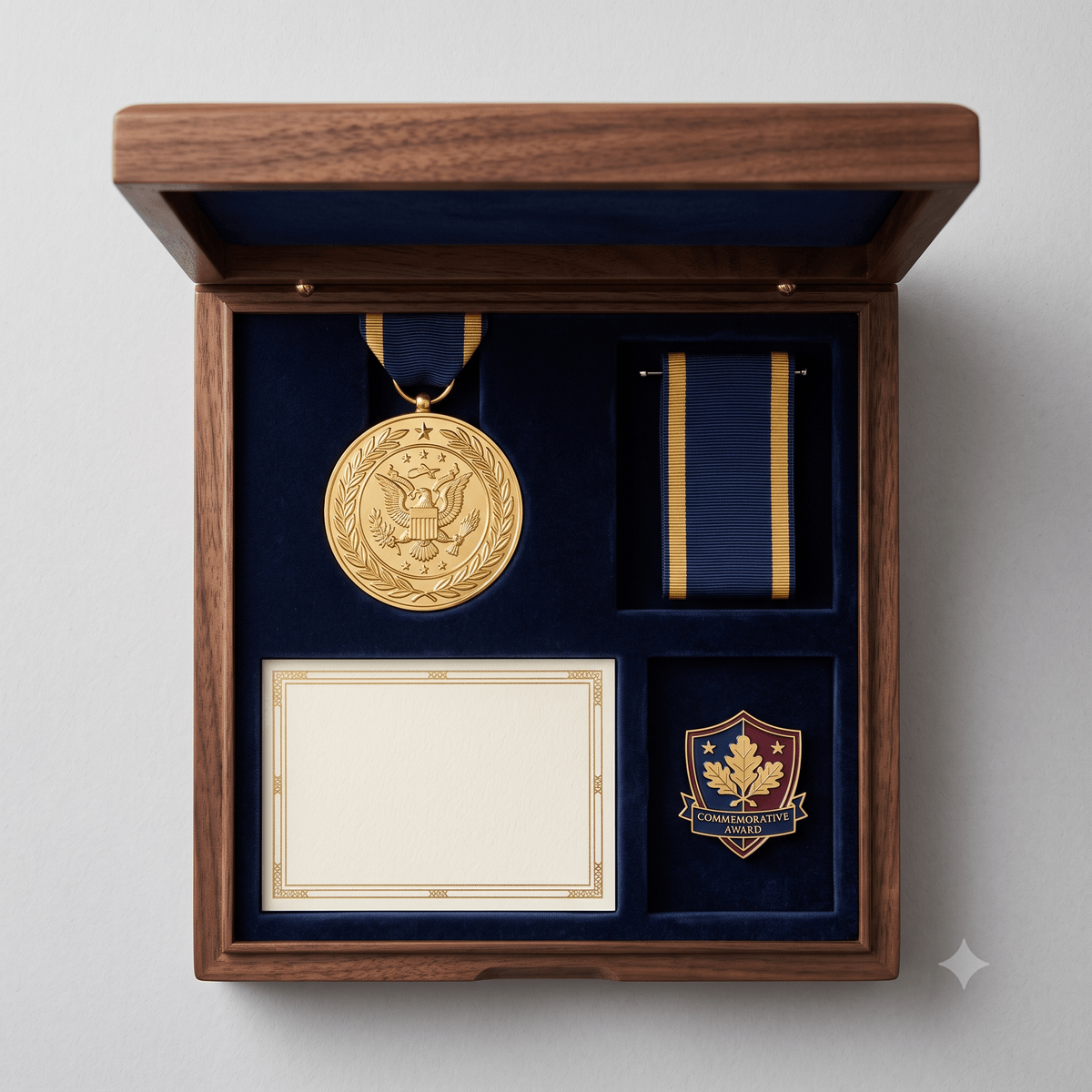 Medal box layout for ribbons certificates and badges