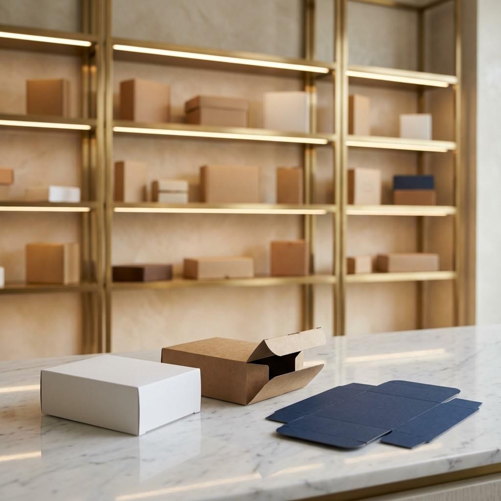 Reverse tuck end folding cartons on marble countertop, one open showing tuck flaps, luxury showroom background.