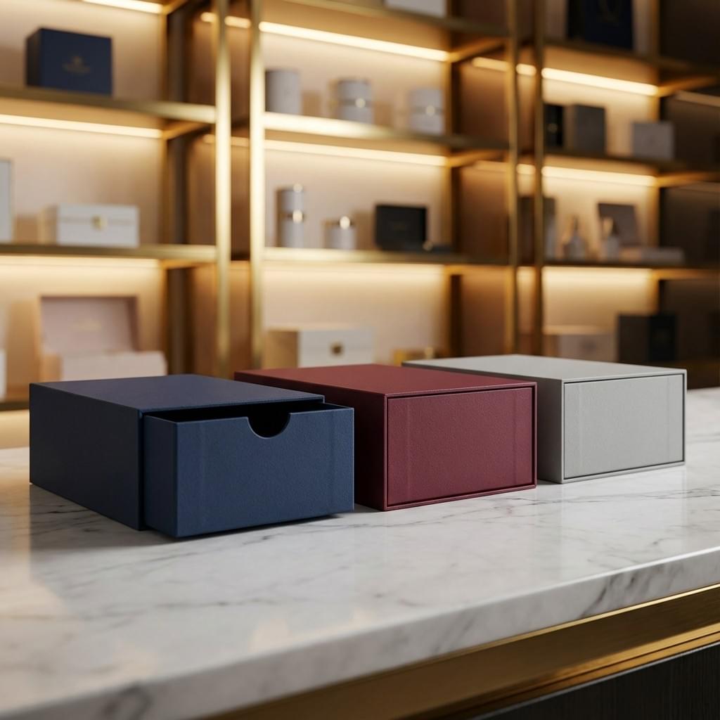 Three finger notch drawer boxes with a visible notch detail and one partially opened slide-out tray.