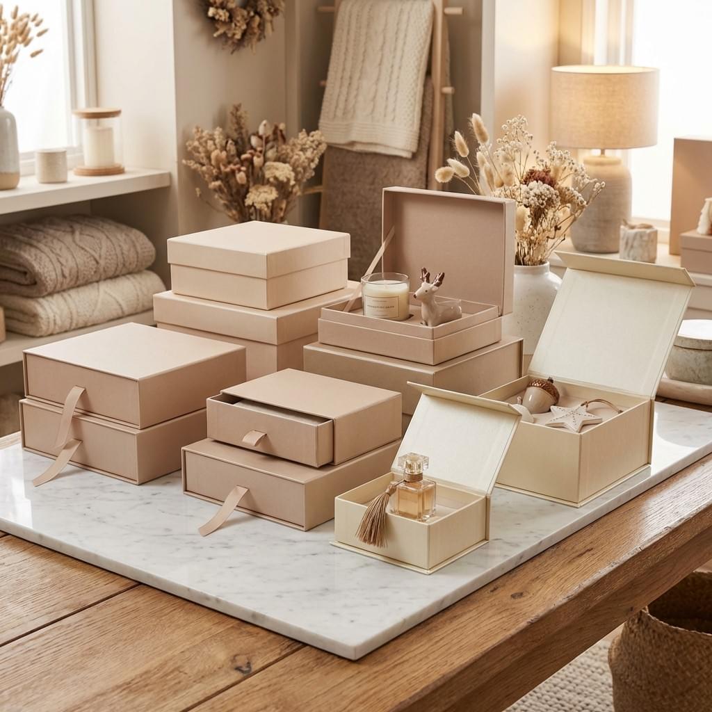 Premium rigid gift boxes designed for toys and gift sets, featuring lid-and-base, drawer, and magnetic styles in soft neutral tones.