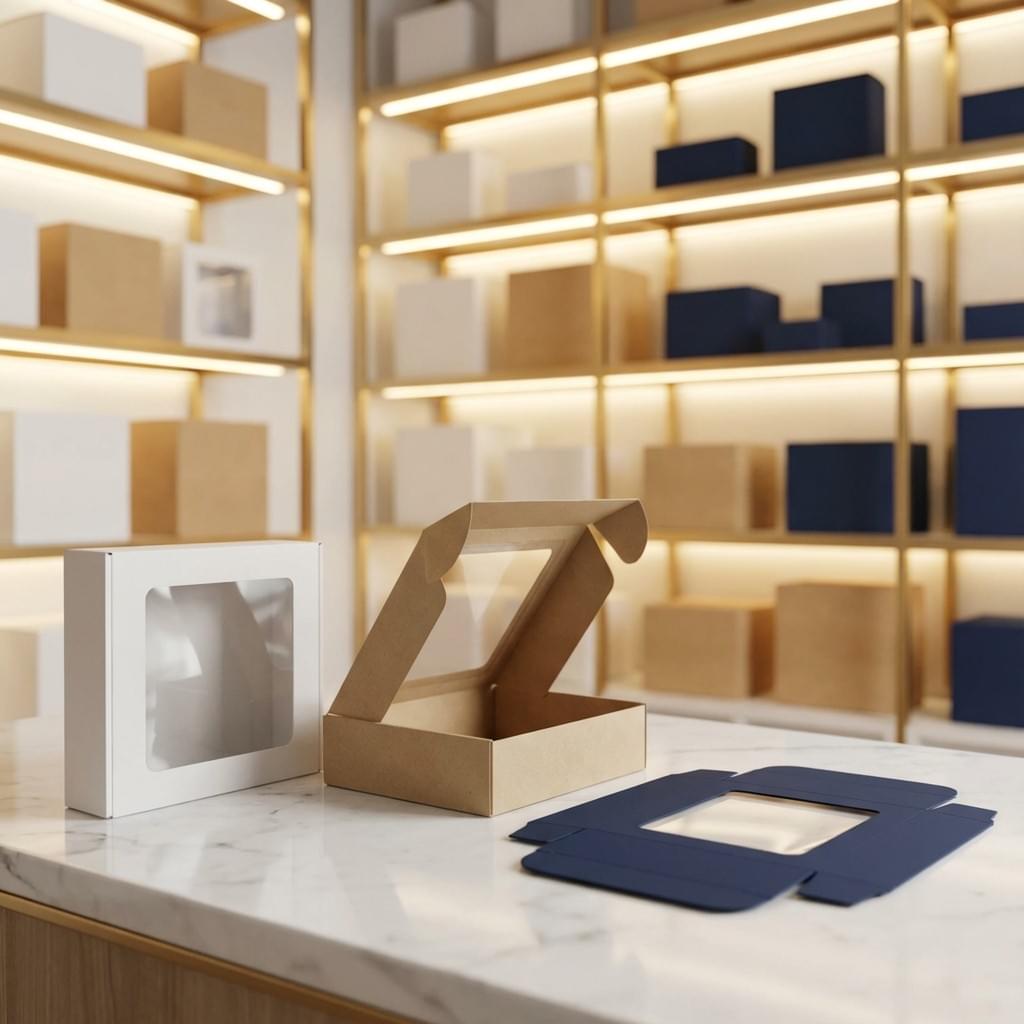 Folding carton with a clear window on marble counter, one open and one closed, warm premium showroom background.