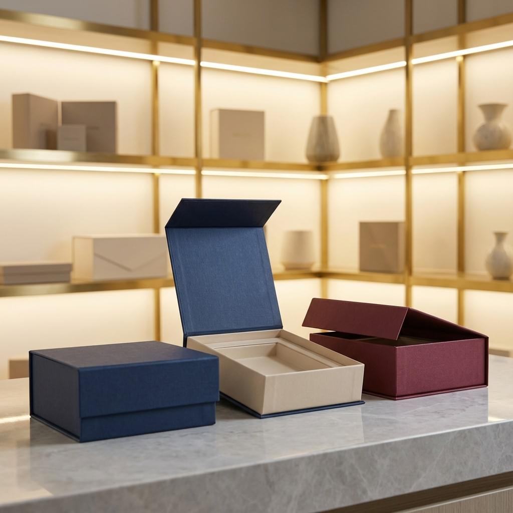Custom magnetic closure rigid boxes in a premium sample room setting, featuring luxury paper wrap and precise structure