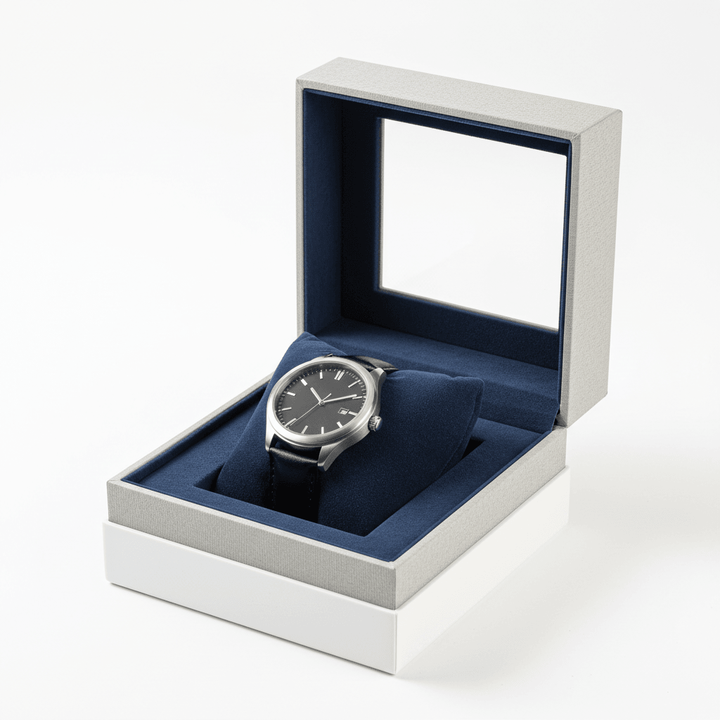 Window display watch box with clear lid and visible unbranded wristwatch