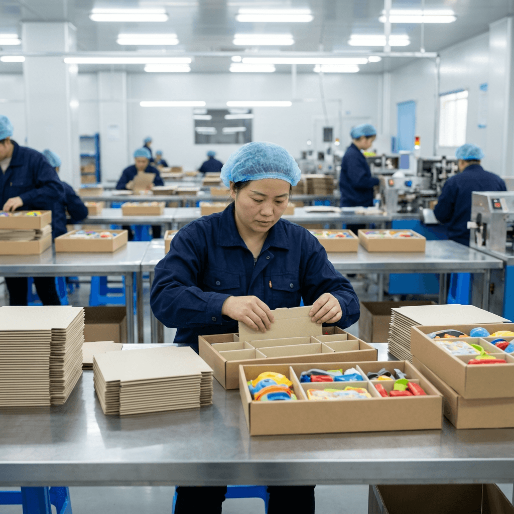 Chinese worker organizing paperboard inserts for toy and gift packaging on a clean factory production line.