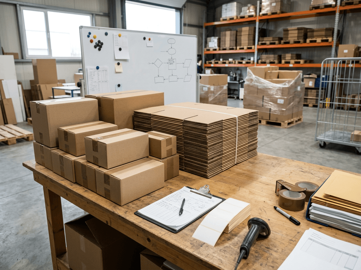 Custom packaging order planning with storage, shipment arrangement, and inventory management concept