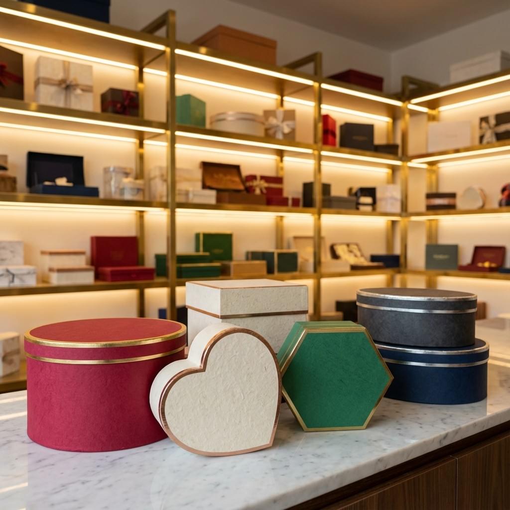 Custom-shaped handmade gift boxes (round, heart, hexagon) displayed in premium showroom.